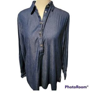 LOFT Women's Denim Jeweled Blouse Size Small